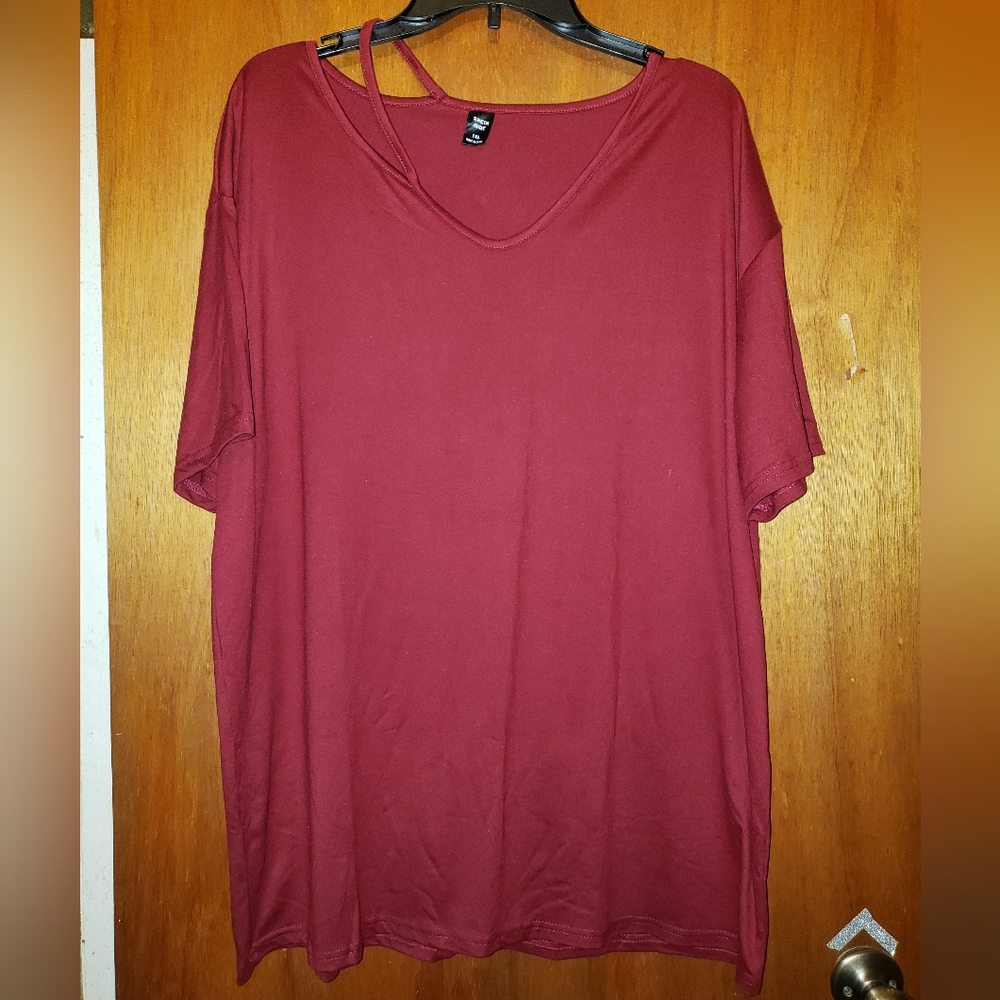 Shein Curvy Deep Burgundy V neck off shoulder with strap top 1x NEW